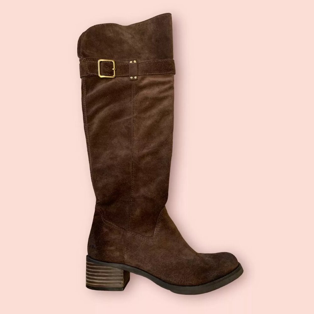 ARTURO CHIANG Dark Brown Suede Leather Knee High Foldover Buckle Flat Boots sz 7